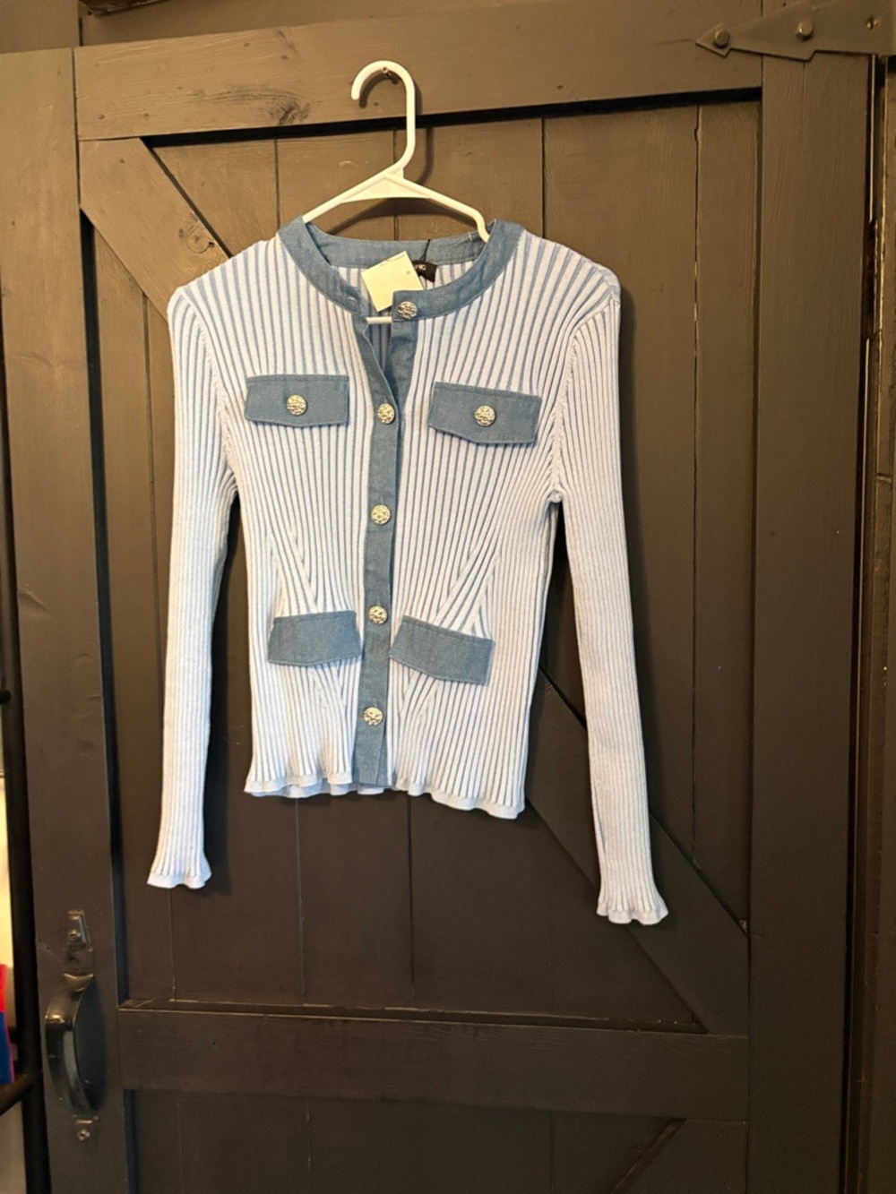 Light Blue Ribbed Button-Front Sweater Cardigan